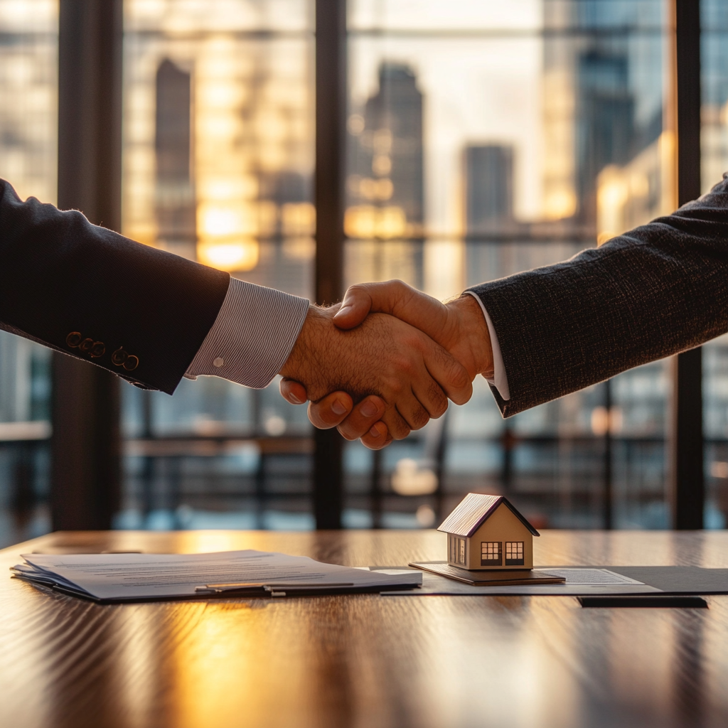 Handshake A title agent shaking hands with a client in front of a window with a cityscape.