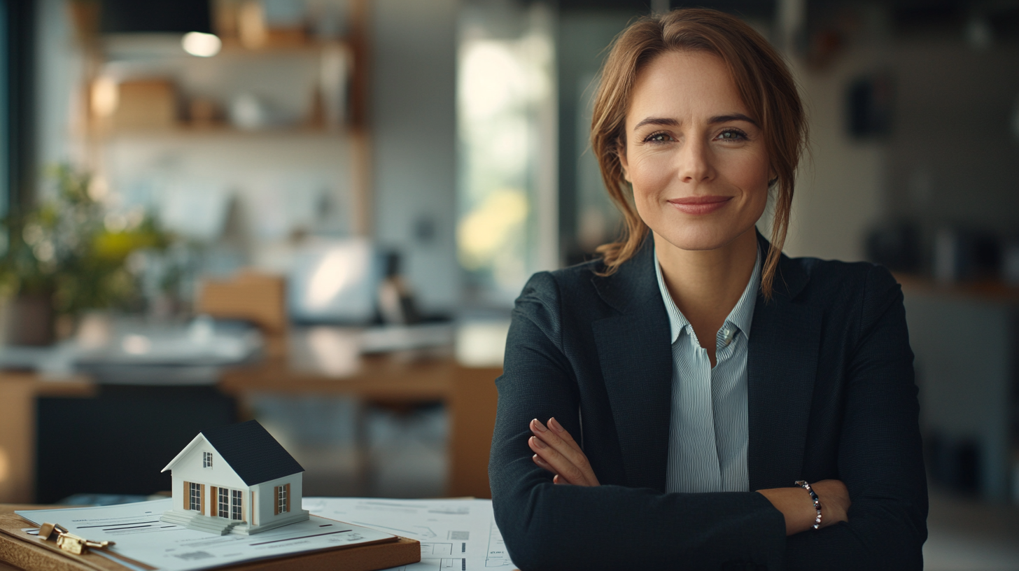 A professional office setting featuring a confident, approachable businesswoman or businessman sitting at a desk
